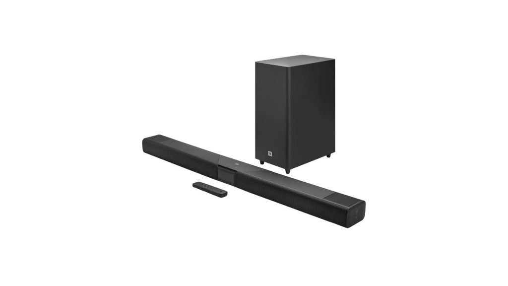 JBL Cinema SB595MK2 Dolby Atmos soundbar with its wireless 6.5-inch subwoofer and remote