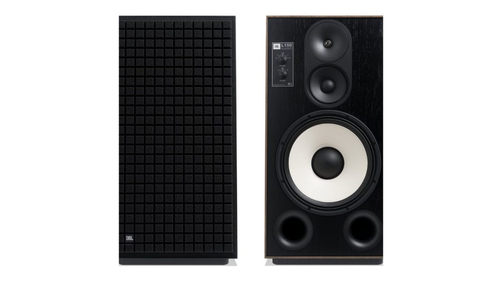 JBL L150 Classic floorstanding speakers in walnut, one with the black Quadrex grille fitted