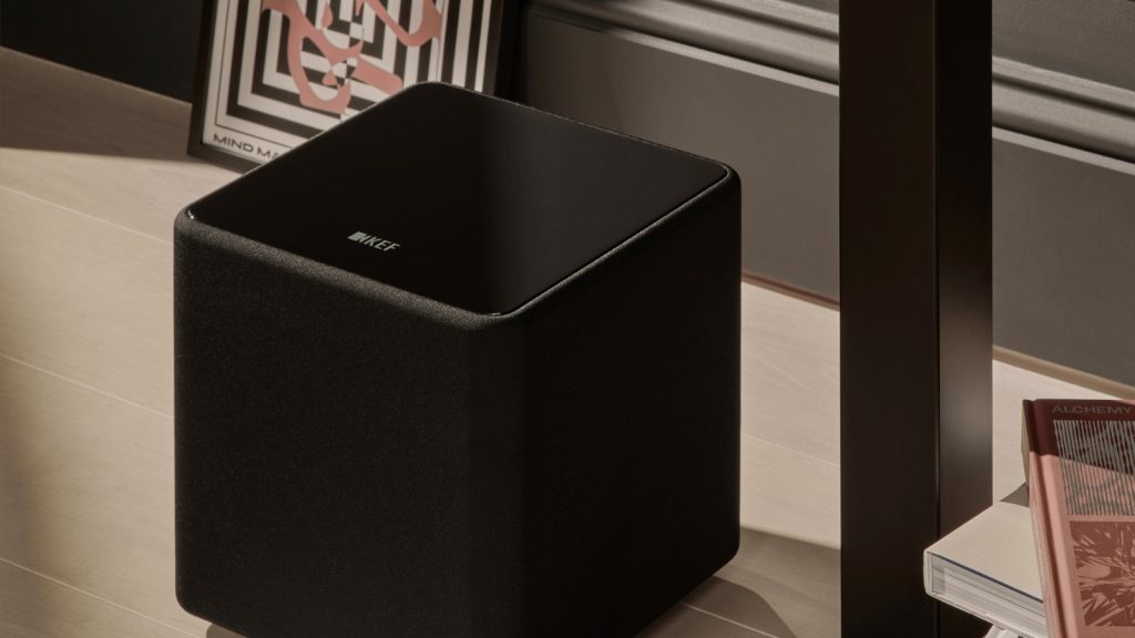 KEF Kube 8 MIE compact sealed subwoofer under a desk