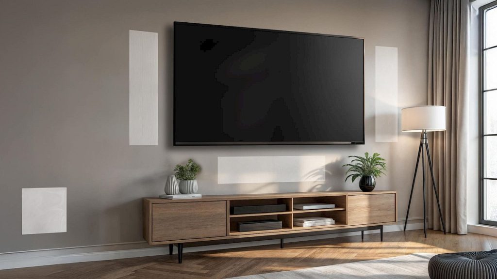 Monitor Audio Creator Series in-wall subwoofer and in-wall speakers hidden around a wall-mounted TV