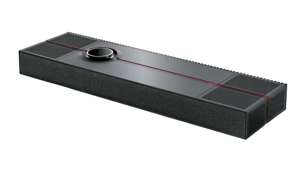 Naim Mu-so Utopia all-in-one Dolby Atmos music system in black aluminium with a red accent line