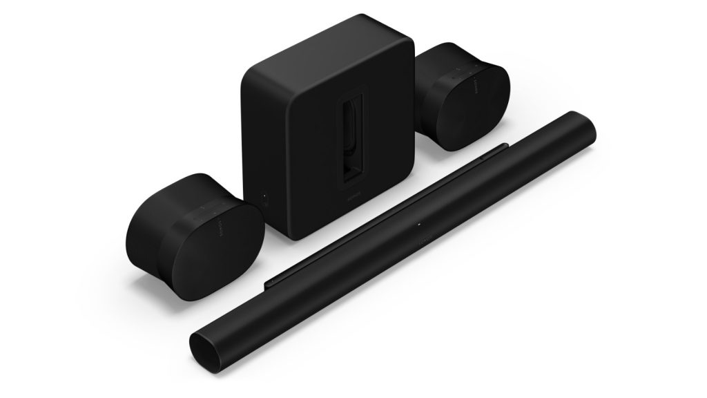 Sonos Sub 4 subwoofer with an Arc Ultra soundbar and a pair of Era 300 speakers