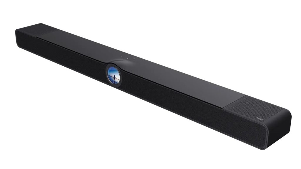 WiiM Bar Dolby Atmos soundbar with its round touchscreen display